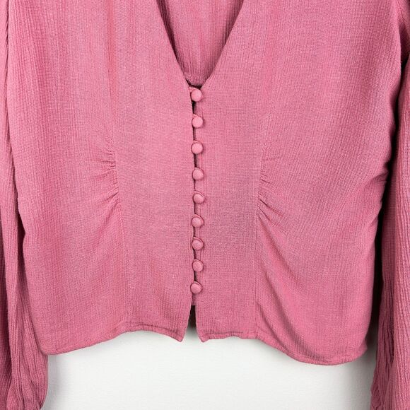 Free People Maise Button Front Blouse Long Puff Sleeve Top Rose Mauve Pink S M - Picture 4 of 14